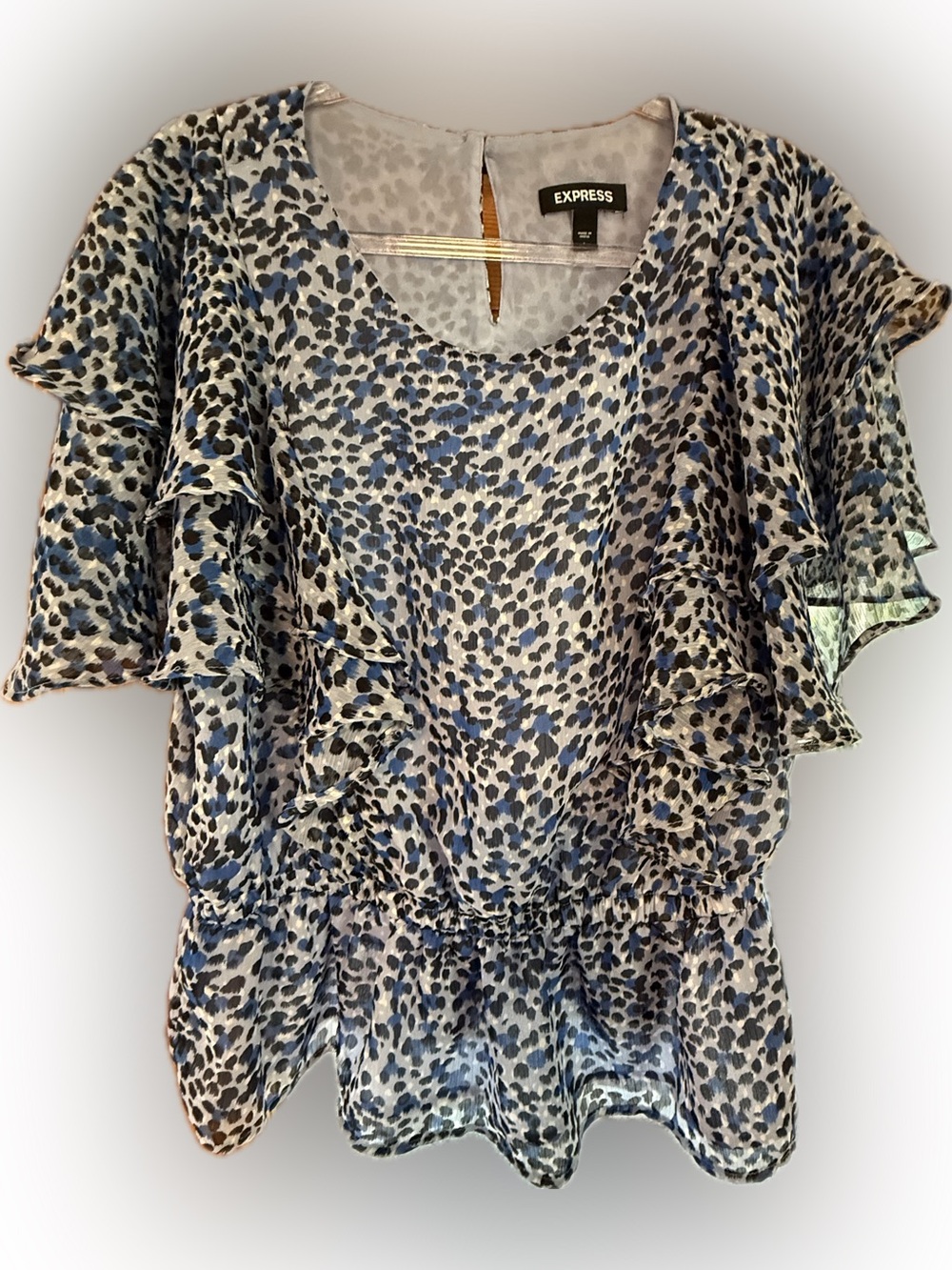 EXPRESS BOHO BLUE LEOPARD RUFFLE SLEEVE PEPLUM BLOUSE  LARGE